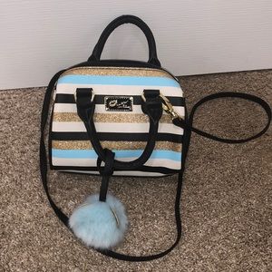 Betsey Johnson Blue, Gold, White, and Black mini striped purse